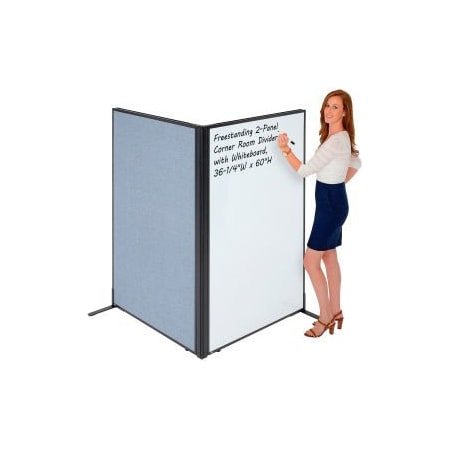 Global Equipment Interion    Freestanding 2-Panel Corner Room Divider with Whiteboard, 36-1/4"W x 60"H, Blue 695159BL